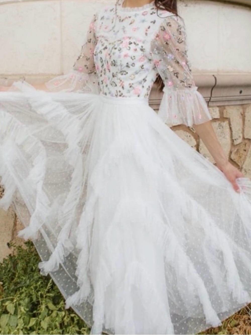 Ivy City Co Paris Dress with Pink & Green Floral Embroidery